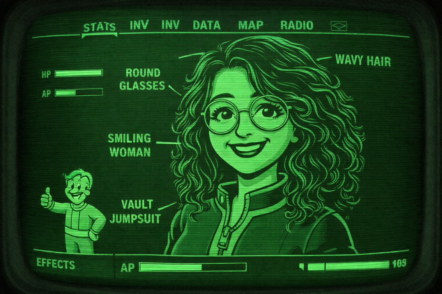 Pip-Boy style illustrated portrait
